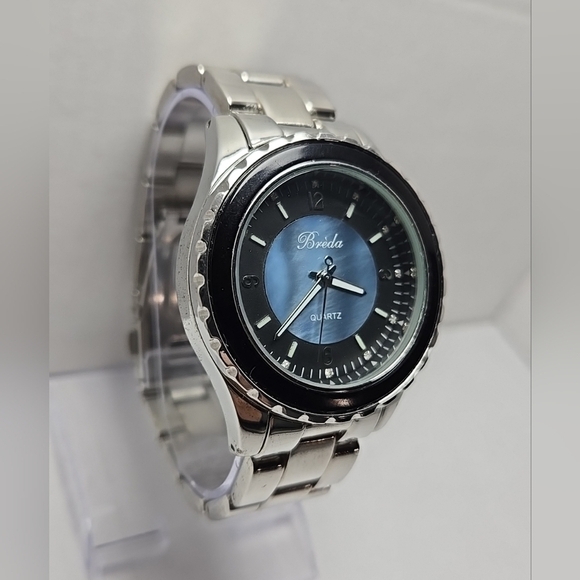 Mens Breda Watch 41mm Silver Tone Blue Mother Of Pearl Dial New Battery - Picture 3 of 10